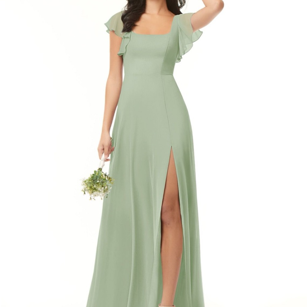 Azazie Dusty Sage Green Square Neck Maxi with Flutter Sleeves and Side Slit